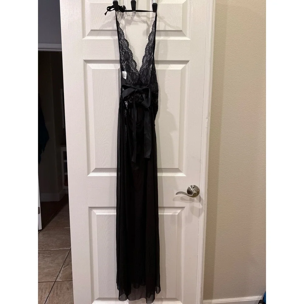 Black Lace Sheer Mesh Halter Neck Long Nightgown Lingerie Dress Large